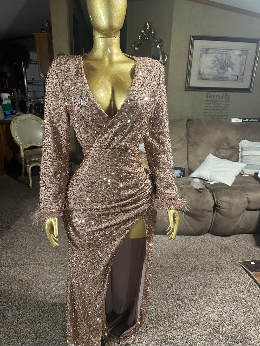 Sequin Wrap Maxi Dress with Feather Cuffs - Rose Gold